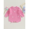 thumbnail image 2 of Caoirhny Infant Baby Girl Knitting Jumpsuit Flower Embroidery Round Neck Long Sleeve Romper for Fall Winter, 2 of 8