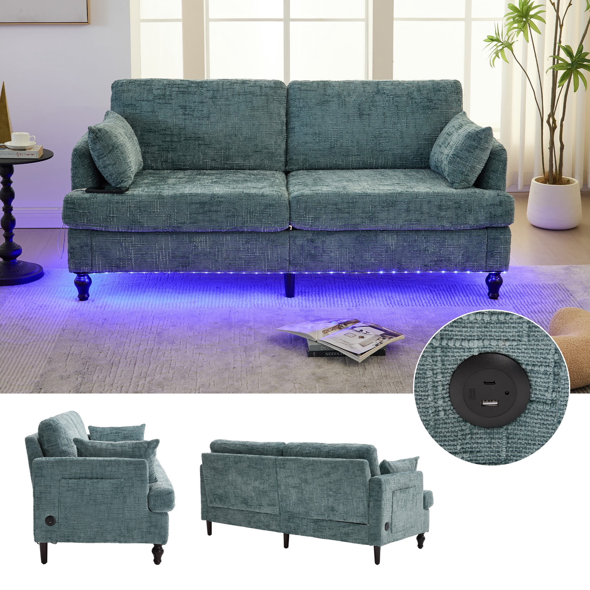 68.9" Sofa Couch,Modern 2 Seater Upholstered Loveseat Sofa Couch with LED light&USB for Living Room,Bedroom,Lake Blue