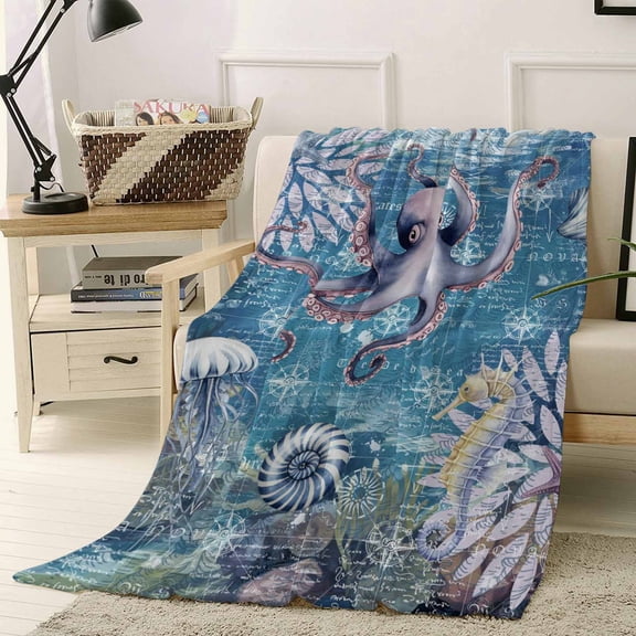 Throw Blanket Fleece Throw Blanket 50x60in, Nautical Octopus Seahorse Starfish Soft Lightweight Bed Blankets Ocean Sealife on Map Fuzzy Couch Blankets for All Season