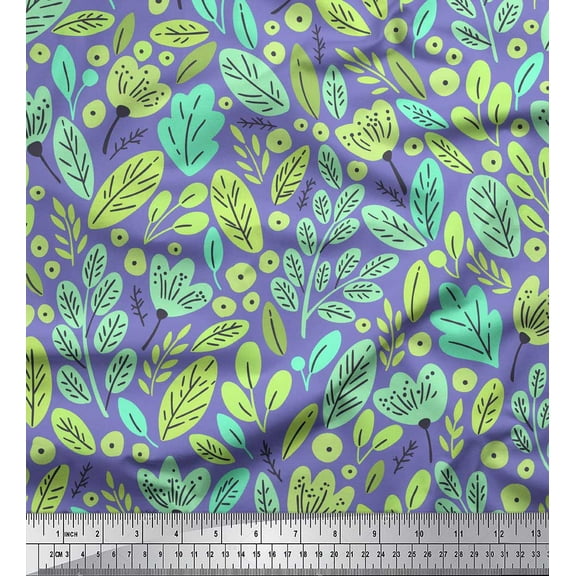 Soimoi Blue Cotton Voile Fabric Artistic Leaf & Floral Printed Fabric 1 Yard 42 Inch Wide