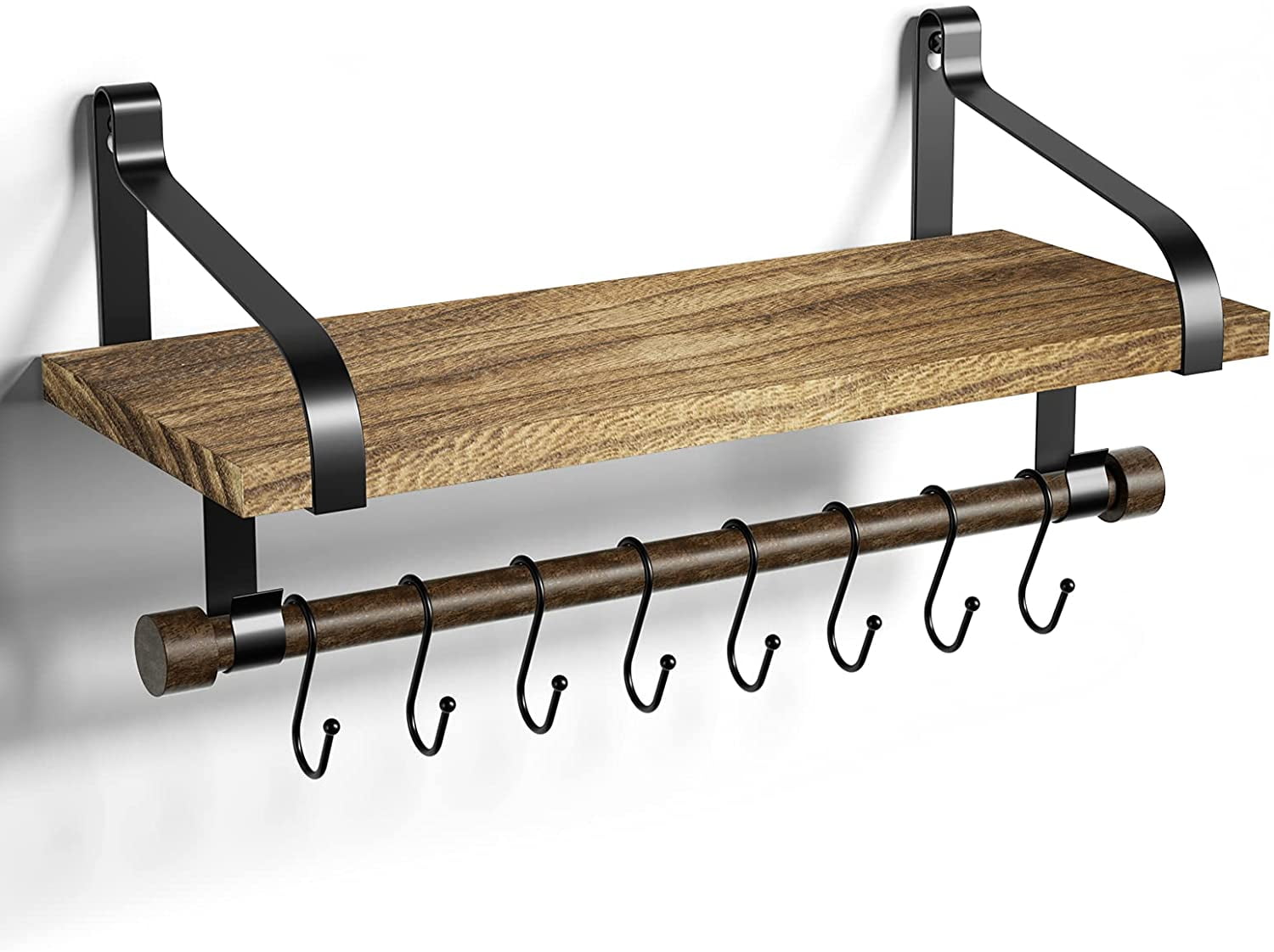 Floating Shelf Wall Shelf for Storage Rustic Wood Kitchen Spice Rack with Towel Bar and 8 Removable Hooks for Organize Cooking Utensils or Mugs ...