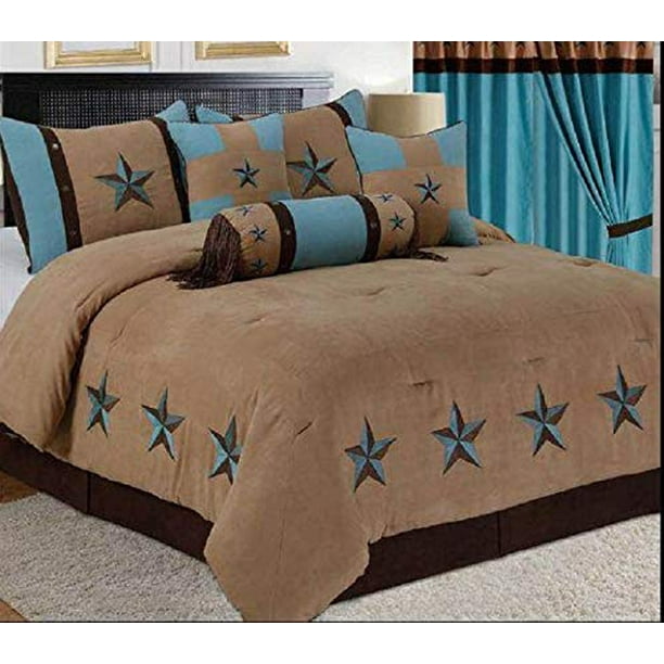 Linen Mart King Comforter 7 Piece Set Rustic Camel Brown Western Turquoise Star Decor Luxury Microfiber 1 Skirt 2 Shams 3 Pillows Com Linen Mart King Comforter 7 Piece Set, King Ranch Western Bedding