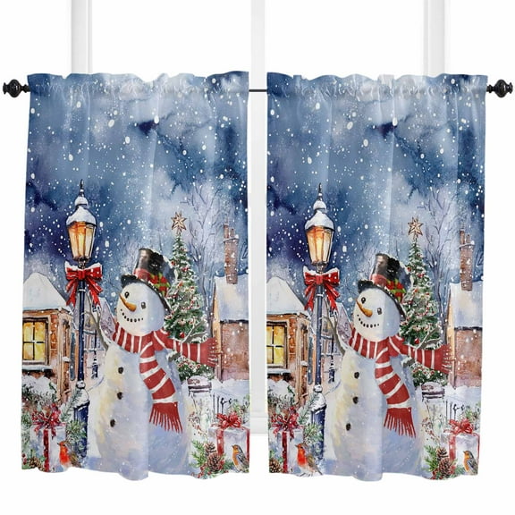 Blue Snowman Christmas Kitchen Curtain 2 Panels Curtains 54 Inch Length, Farmhouse Xmas Snowflake Curtains Rod Pocket Curtains Window Drapes Treatment Window Cafe Curtains