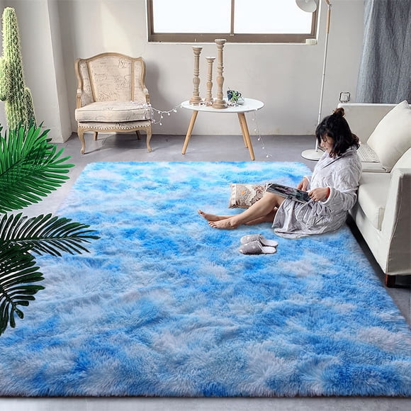 DweIke Fluffy Blue Shag Rugs for Bedroom Living Room, 6x9 Large Soft Plush Tie-Dyed Light SkyBlue Girls Boys Kids Rug, Upgraded N