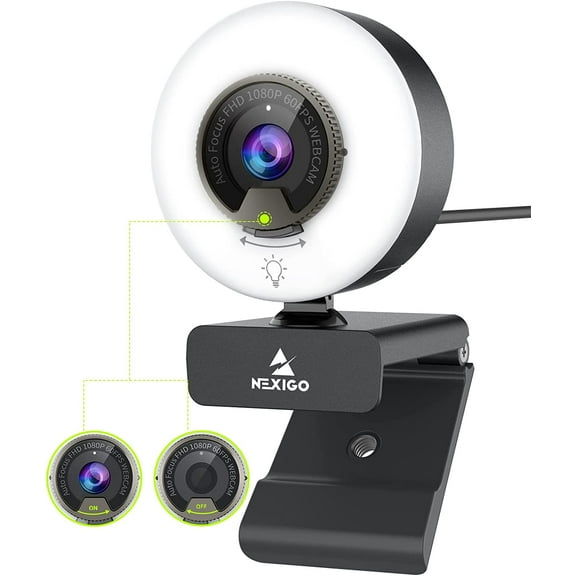 NexiGo N960E 1080P Webcam with Light, Autofocus, Stereo Microphone & Privacy Cover