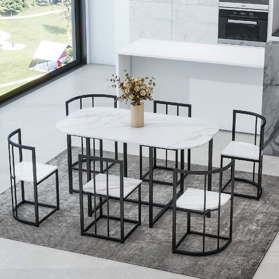 7-Piece Dining Table Set for 4-6, Modern Kitchen Table Chairs Set of 6, 53.5” Oval Metal Dining Table with 6 Chairs, Space-Saving Metal Dining Table Set for Dining Room, Kitchen, Black White
