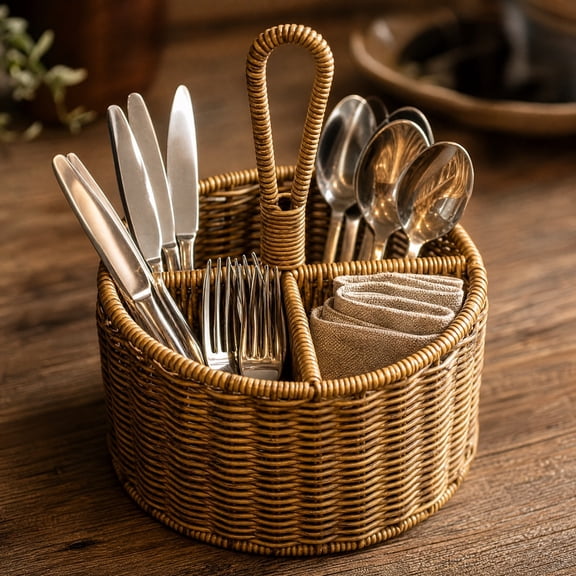 Feledorashia Rattan Utensil Caddy, Woven Silverware Organizer, Round Four Compartment Flatware Holder with Handle, Handcrafted Durable Breathable Basket for Kitchen Dining Table and Outdoor Use