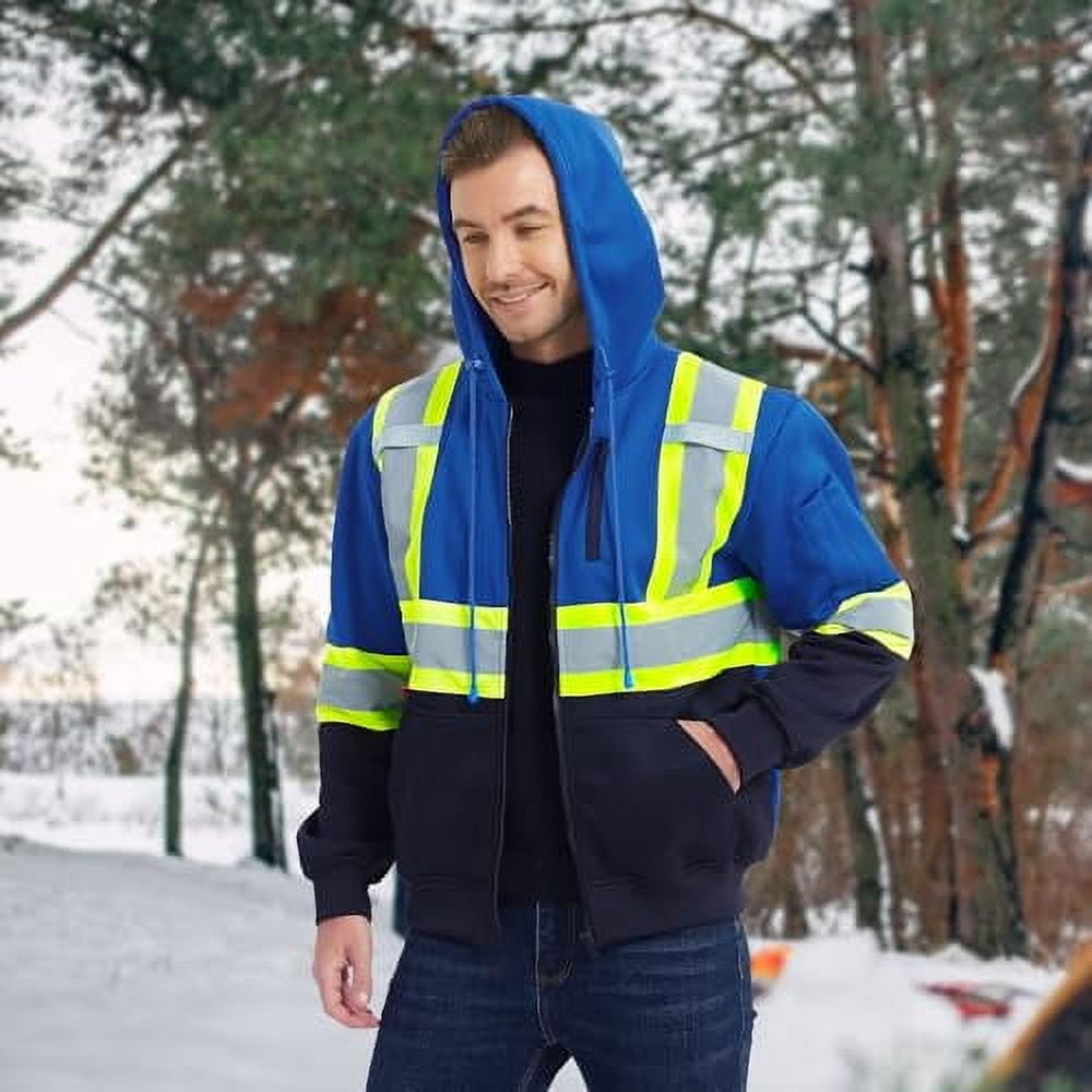 ProtectX High Visibility Safety Sweatshirt for Women Men, Class 3 Hi Vis Hoodie with large Pocket, Hooded Full-Zip Reflective Sweatshirt for Work & Construction, Blue, Large