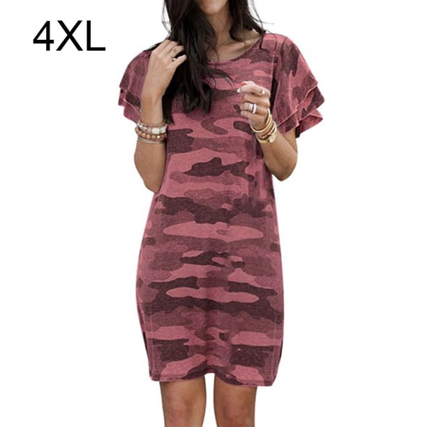 Vestido de mujer Camiseta larga con estampado de camuflaje Vestido suelto de manga corta, rojo vino, 4XL sidaley AP002154-15