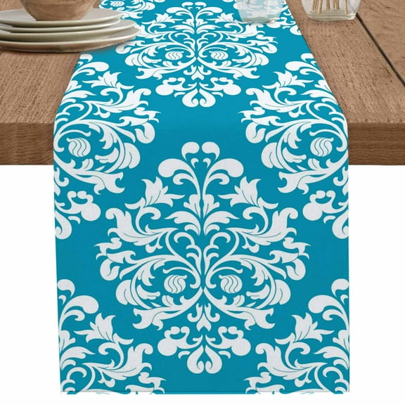 Abstract Minimalist Boho Blue Flower Table Runner-70 Inch Long Aesthetic Art Table Runners Linen Burlap Tablerunner for Kitchen Dining Room Holiday Party