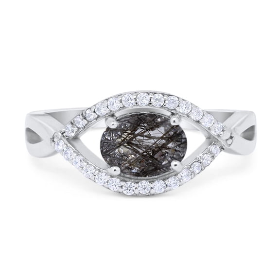 Natural Rutilated Quartz Size-5 Art Deco Oval Infinity Shank Vintage Style Evil Eye Halo CZ Wedding Engagement Ring 925 Sterling Silver Gifts For Her
