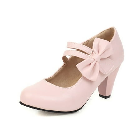 

Round Toe Pumps Kitten Heels Bowknot Ankle Straps PU Leather Fashion Dance Work Dress Chunky Shoes Women s Footwear