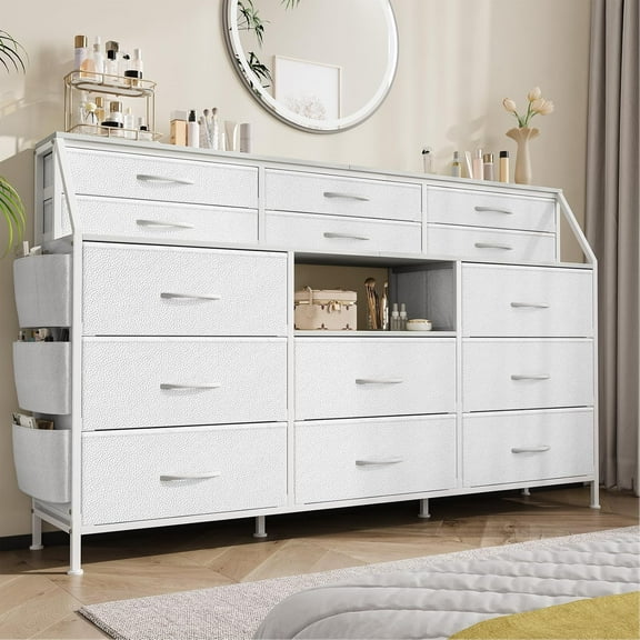 Roromall 14 Drawers Dresser for Bedroom, 55" Dresser with Side Pocket, Fabric Dressers Storage Chests of Drawers with Shelves, Sturdy Frame, Wood Top