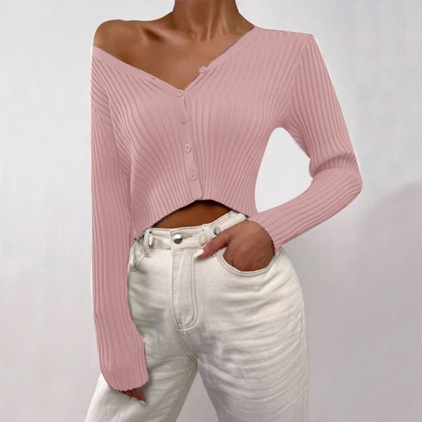 Suéter de cuello en V para mujer, suéter holgado de color liso con cuello en V, suéter, abrigo, suéter para mujer