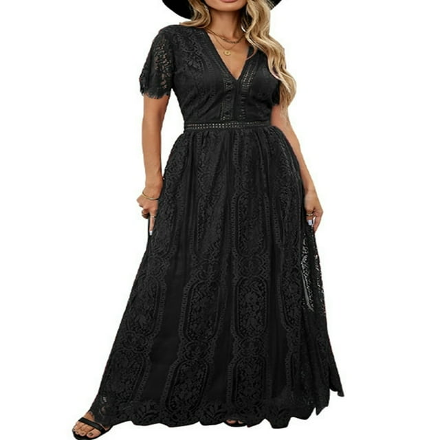 AMERTEER Robe de Mariée en Dentelle Florale à Col en V pour Femmes Manches Courtes Robe Maxi de Demoiselle d'Honneur Robe de Soirée Rose m