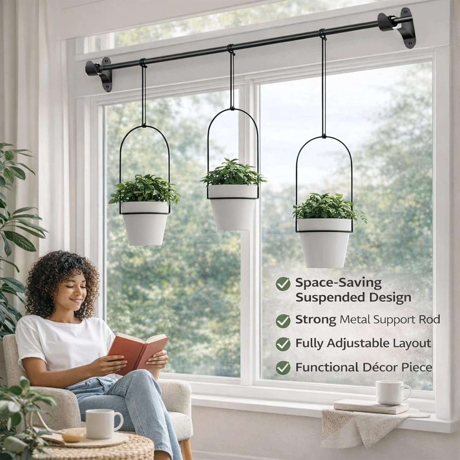 Adjustable Hanging Window Planter Set – Metal Rod Plant Hanger with 3 Pots for Indoor & Outdoor Green Display, Window Plant Pot Set, Adjustable Sill Plant Rack, for Garden, Kitchen, Living (Black)