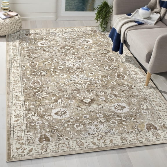 MJIAexp 3'x5' Moroccan Bedroom Rug Washable Vintage Boho Area Rug Non-Slip Accent Throw Rug Stain Resistant Floor Carpet for Kitchen Entryway Bathroom Living Room Office Floral Beige
