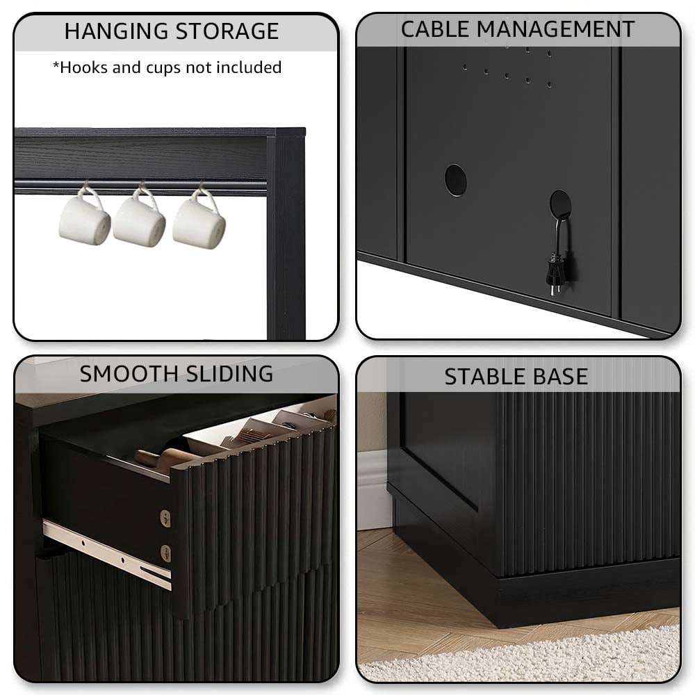 Rosary Blenn Coffee Bar Cabinet with Mini Fridge Space and Power Outlet, 39" Matte Black Wood Grain Finish Kitchen Cabinet with Drawer