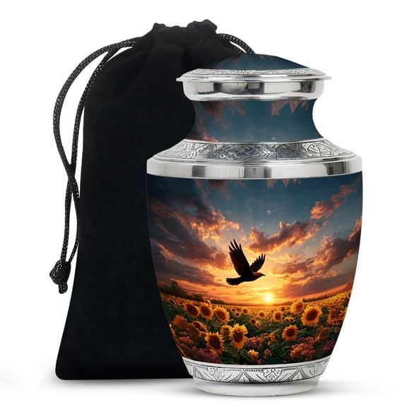MUKTIVE Sparrow Burial Urn for Ashes for Men, Memorial Grey Urns for Ashes Adult Dad, Sunflower Large Urn for Male Funeral, Sunset Cremated Urns for Parents, 10 Inch