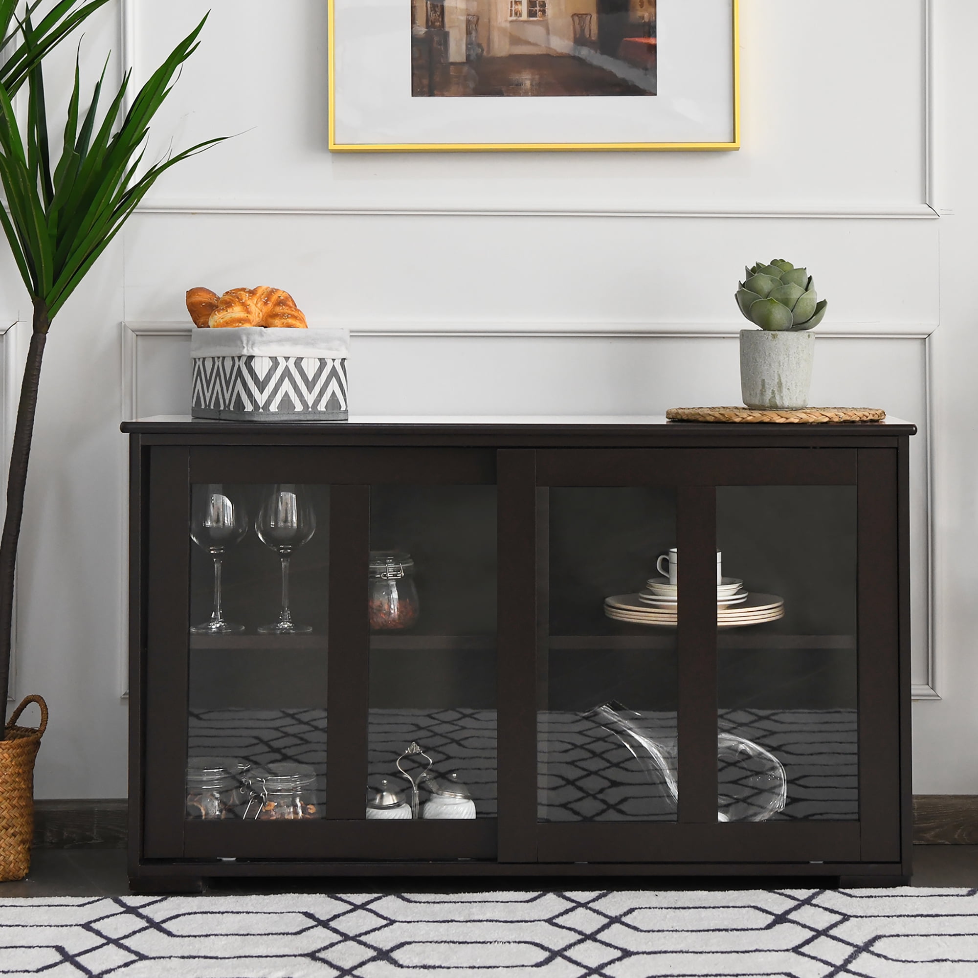 Costway Kitchen Storage Cabinet Sideboard Buffet Cupboard w/ Sliding Door Brown