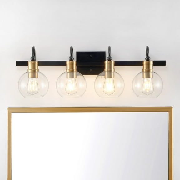 JONATHAN Y Marais 29.75" 4-Light Iron/Glass Rustic Vintage LED Vanity Light, Black/Brass Gold