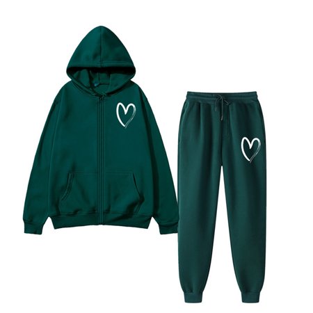 sususu 2 Piece Lounge Set Women Fall Clothes Winter Women s Velvet Heart Print Hooded Tracksuit Set Cozy Casual Loose Fit Two Piece Outfit with Pockets for Fall Season - Green