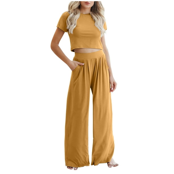 XZNGL Womens Wide Leg Pants Womens Sports Tight Knitted Crop Tops Loose  Wide Leg Pants Two-Piece Set Loose Crop Tops for Women High Neck Tops for  Women Wide Leg Crop Pants 