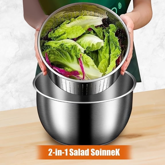 Stainless Steel Salad Spinner, 6L Multi-Use Lettuce Spinner with PP Lid, Large Vegetable Washer with Non-Slip Base, Fruit Washer, Vegetable Dryer, Dishwasher Safe