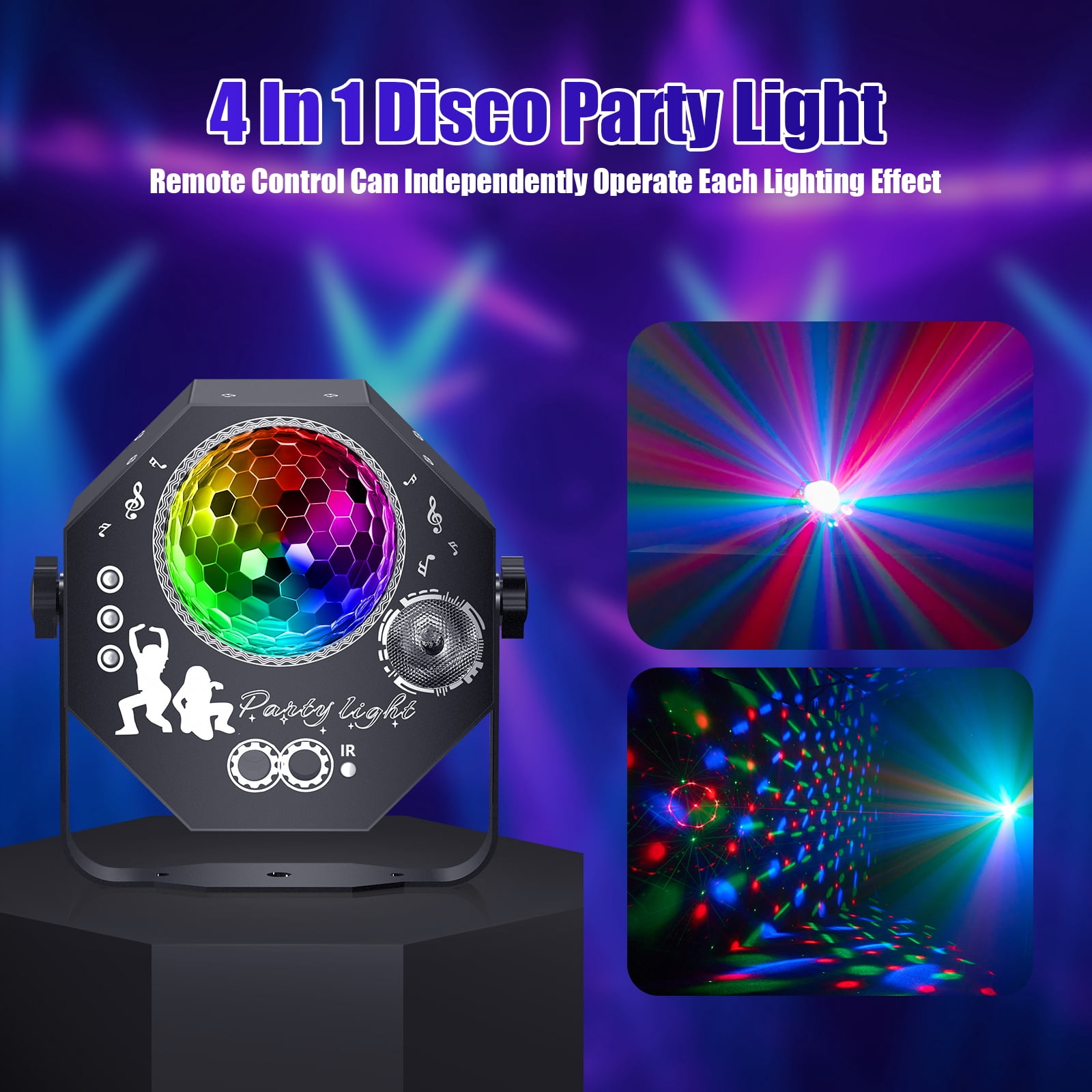 4-in-1 Disco Lights for Parties, DJ Lights with Disco Ball Light, RGB LED Party Lights with Sound Activated and Remote for Indoor Stage, Birthday and Christmas