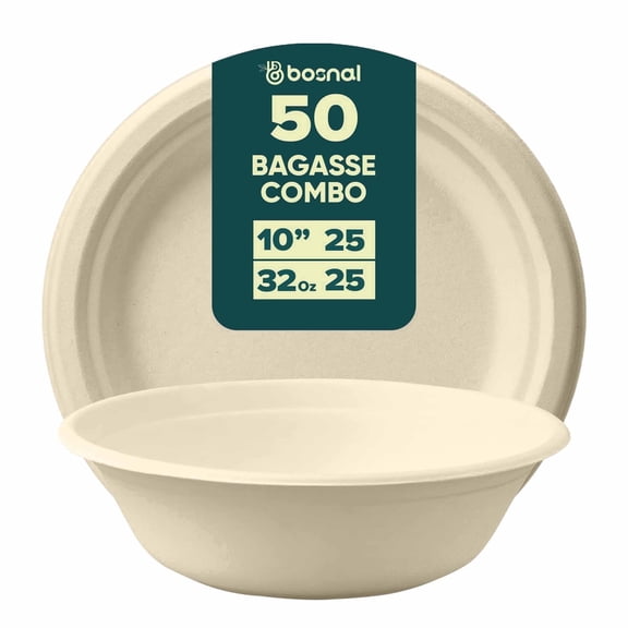 BOSNAL 10 Inch Round Bagasse Plates with 32 oz Bowls – Compostable, Biodegradable & Eco-Friendly Disposable Tableware for Parties, Catering & Events