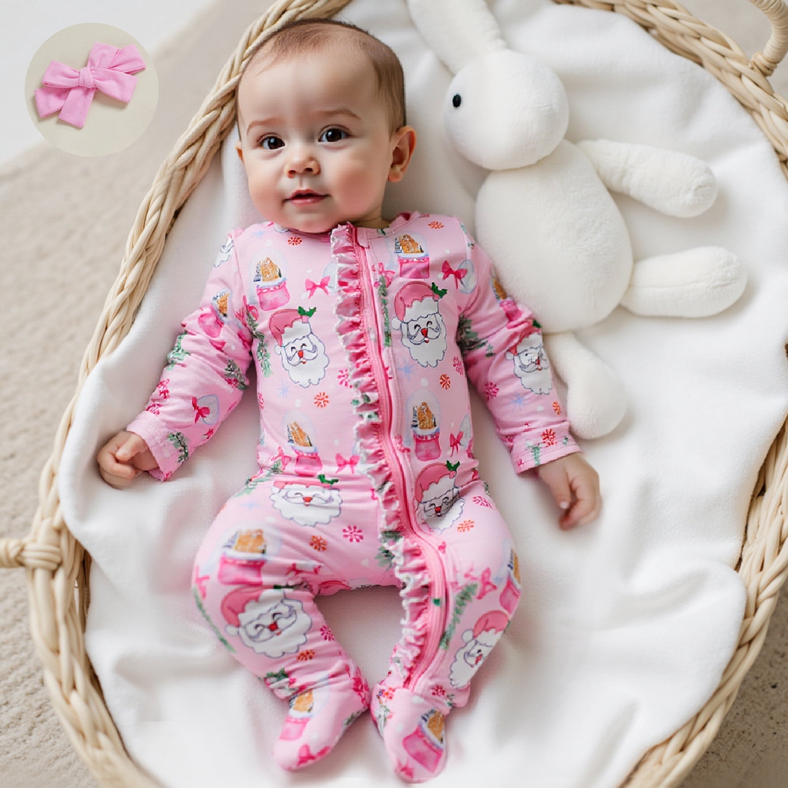 FYDUU Christmas Newborn Baby Girl Footies Romper Ruffle Long Sleeve Sleeper Zip Up Footed Pajamas Jumpsuit And Headband Coming Home Outfits Leisure Sweatsuits