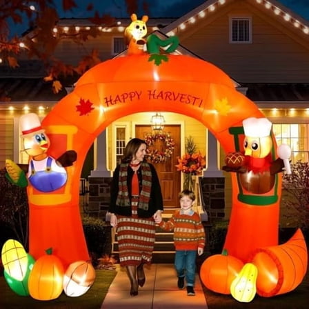 11FT Inflatable Turkey Archway Thanksgiving Decorations Outdoor with Built-in LEDs Lights, Blow Up Turkey, Squirrel and Harvest Fruits for Outside/Indoor Xmas,Yard,Garden,Party,Holiday Decor