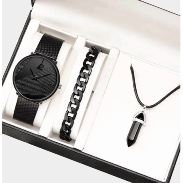Kit Reloj 3 Piezas Minimalista A La Moda De Pulsera Y Collar Modelo Negro