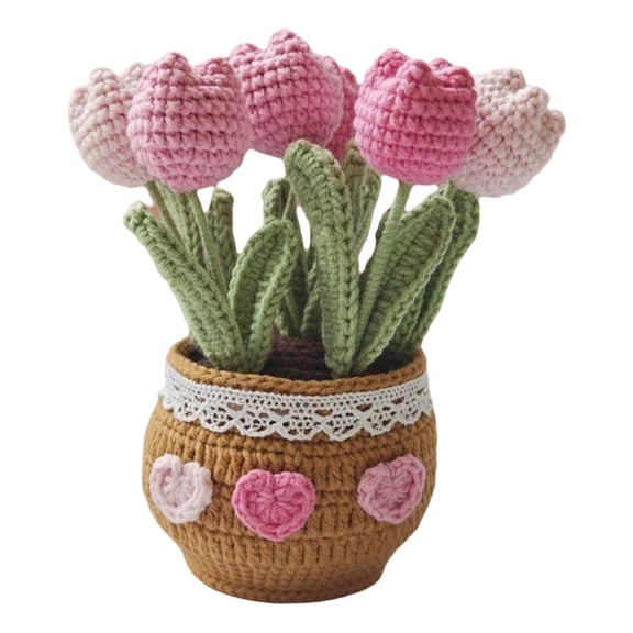 Gifts for Mom - Crochet Flower Bouquet Tulips Potted Plant Flowers, Artificial Floral Arrangement Knitted Craft Decoration,Birthday Thank You Gift for Women Home Desk Decor,4.7×4.7×8.2in