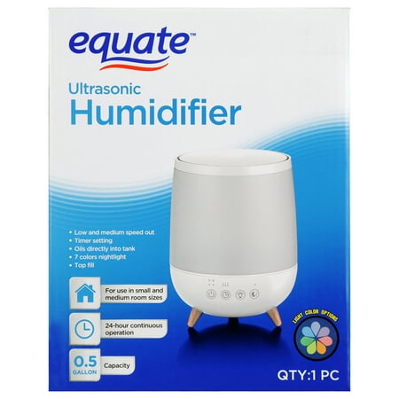 Equate Ultrasonic Humidifier, Diffuser, Cool Mist, Visible Mist, Filter-Free, 0.5 Gallon, White and wooden