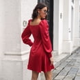 thumbnail image 3 of Vestido Con Cuello En V, Botón De Vestido De Manga Larga Transpirable Cómodo De Color Puro Para Compras Para Mujer Para La Oficina ANGGREK Vino Tinto XL, 3 of 6
