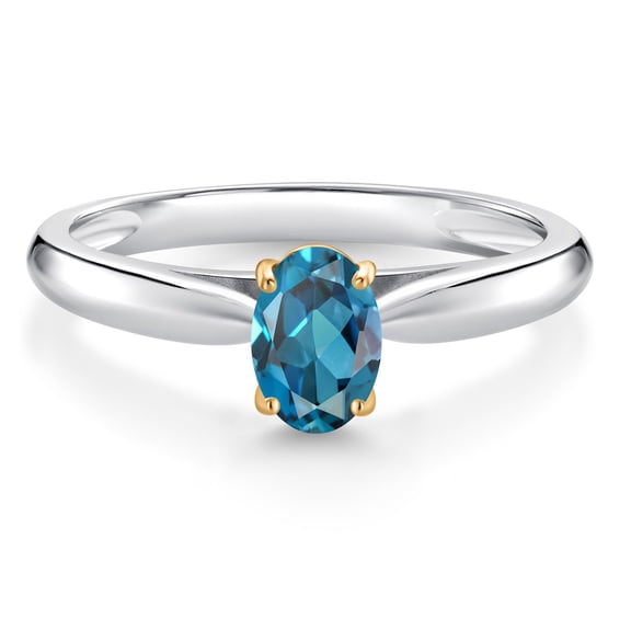 Gem Stone King 0.60 Ct Oval London Blue Topaz 925 Silver and 10K Yellow Gold Solitaire Engagement Ring (Size 5)