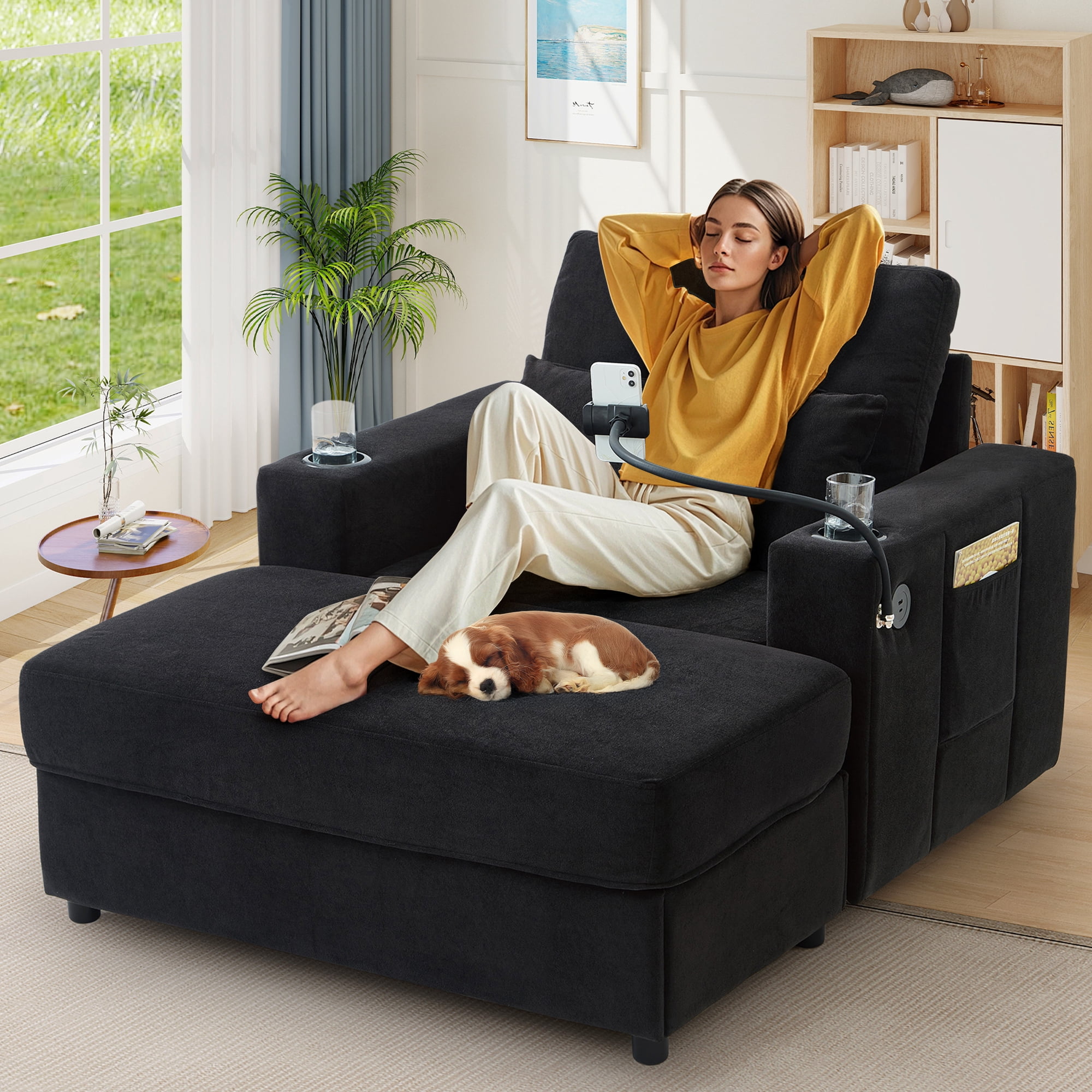 Lunale Accent Chair with Ottoman, Indoor Lounge Chair with USB & Storage, Modern Upholstered Sofa Armchair for Living Room, Bedroom, Apt., Black Chenille