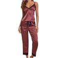 thumbnail image 4 of Satin Pajamas Women 2PC Set- Lace Pants Nightdress with Pocket Halter V Neck Sleepwear, 4 of 9