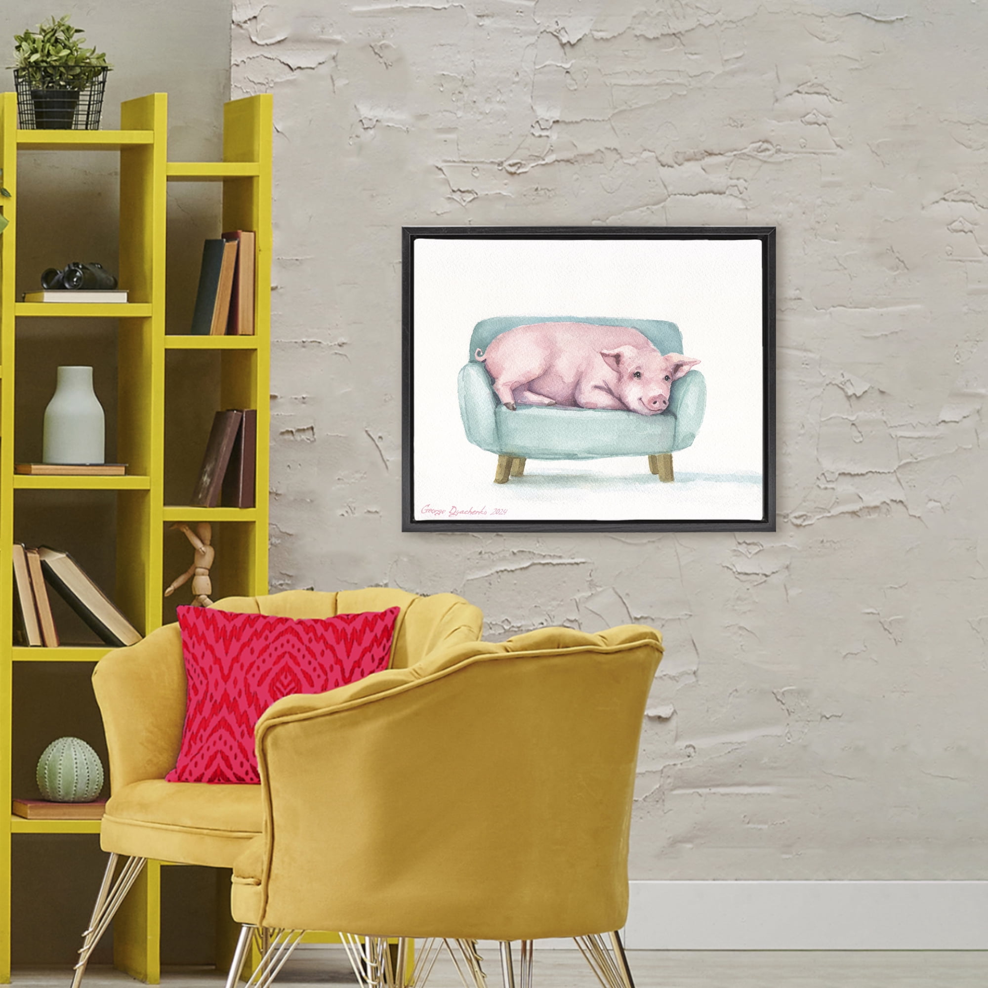 Stupell Industries Cute Piglet on Armchair Black Framed Floater Canvas Wall Art, design by George Dyachenko