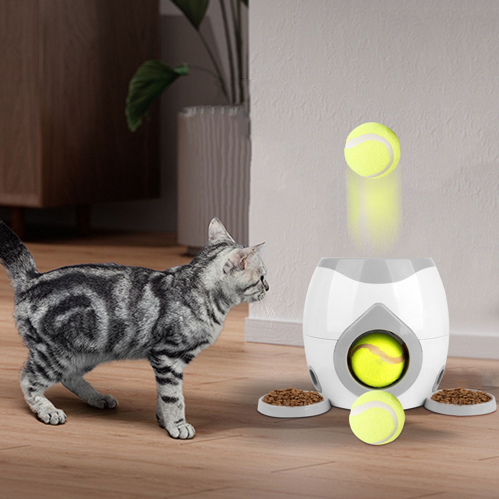 Automatic Ball Launcher for Small Dogs, Automatic Feeder for Interactive Dog Training, Including 2 Tennis Ball (2inch), Keep Dog Happy, White