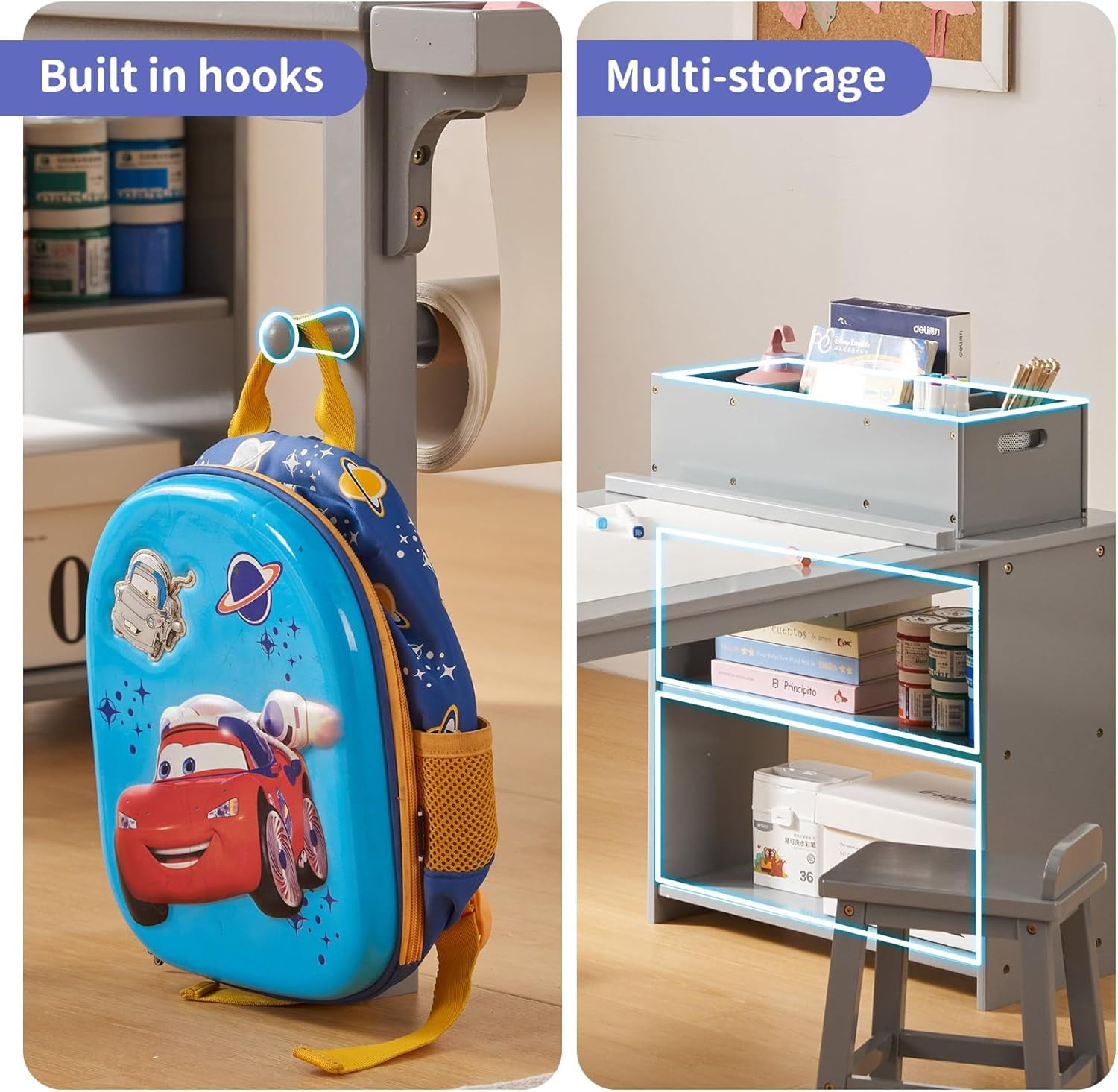 UNICOO® Drawing and Art Table & Chair Set for Toddlers - Portable Craft Supplies Organizer and Storage Shelves, Canvas Bins, Paper Roll Rack, 2 Stools, Kids Art Table, Ages 2-12 (Gray)
