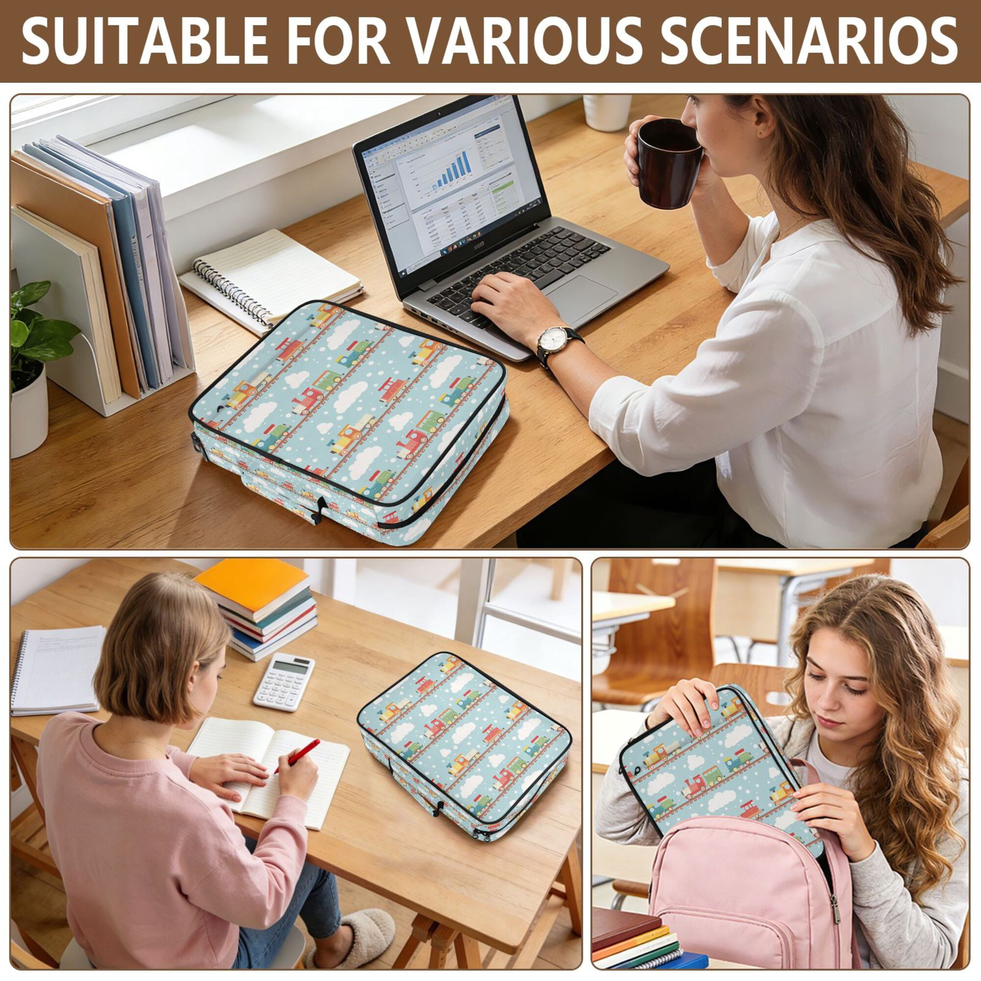 FORMRS Accordion File Folder A4 Size 7-Pocket Expanding Document Organizer Bag with 3 Ring Binder, Red Trains Pattern
