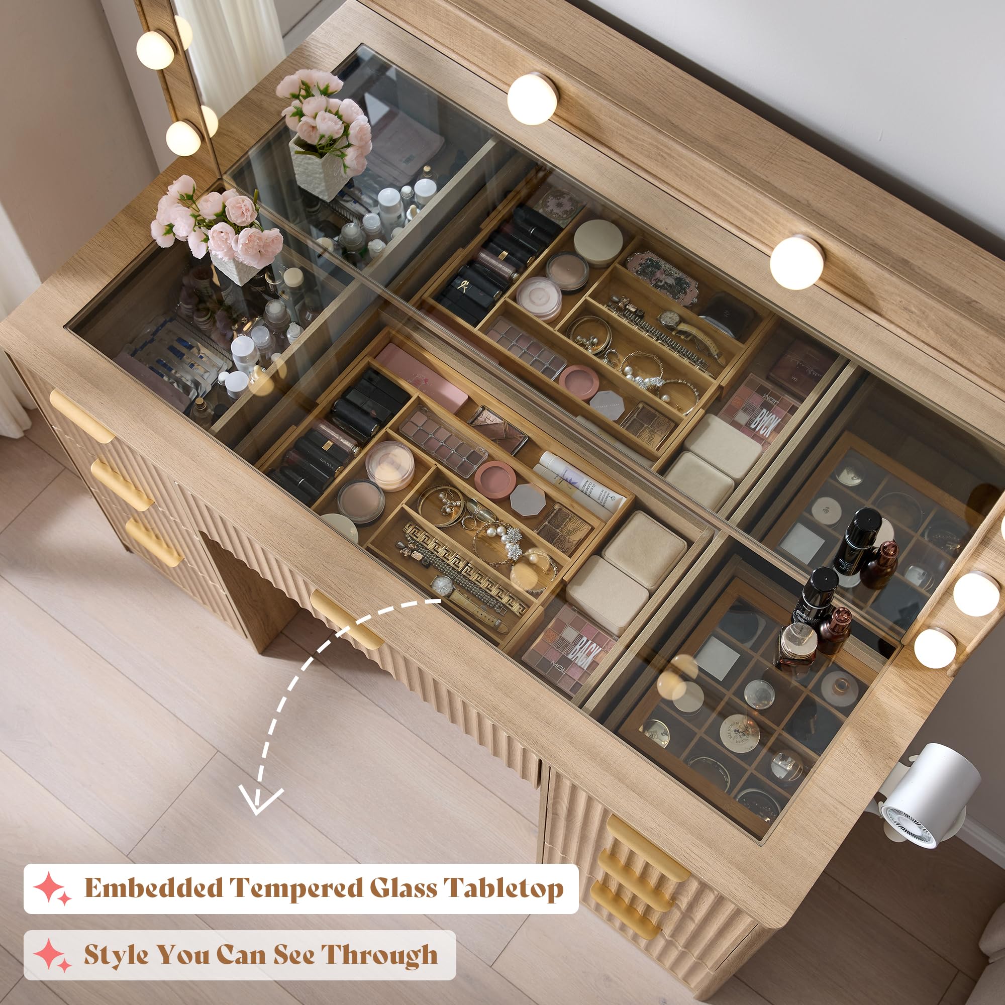 Merluxy 47.2" Girls Vanity Desk with Large Mirror and Adjustable LED Lights, 7 Drawers Makeup Table with Glass Top and Charging Station, Oak