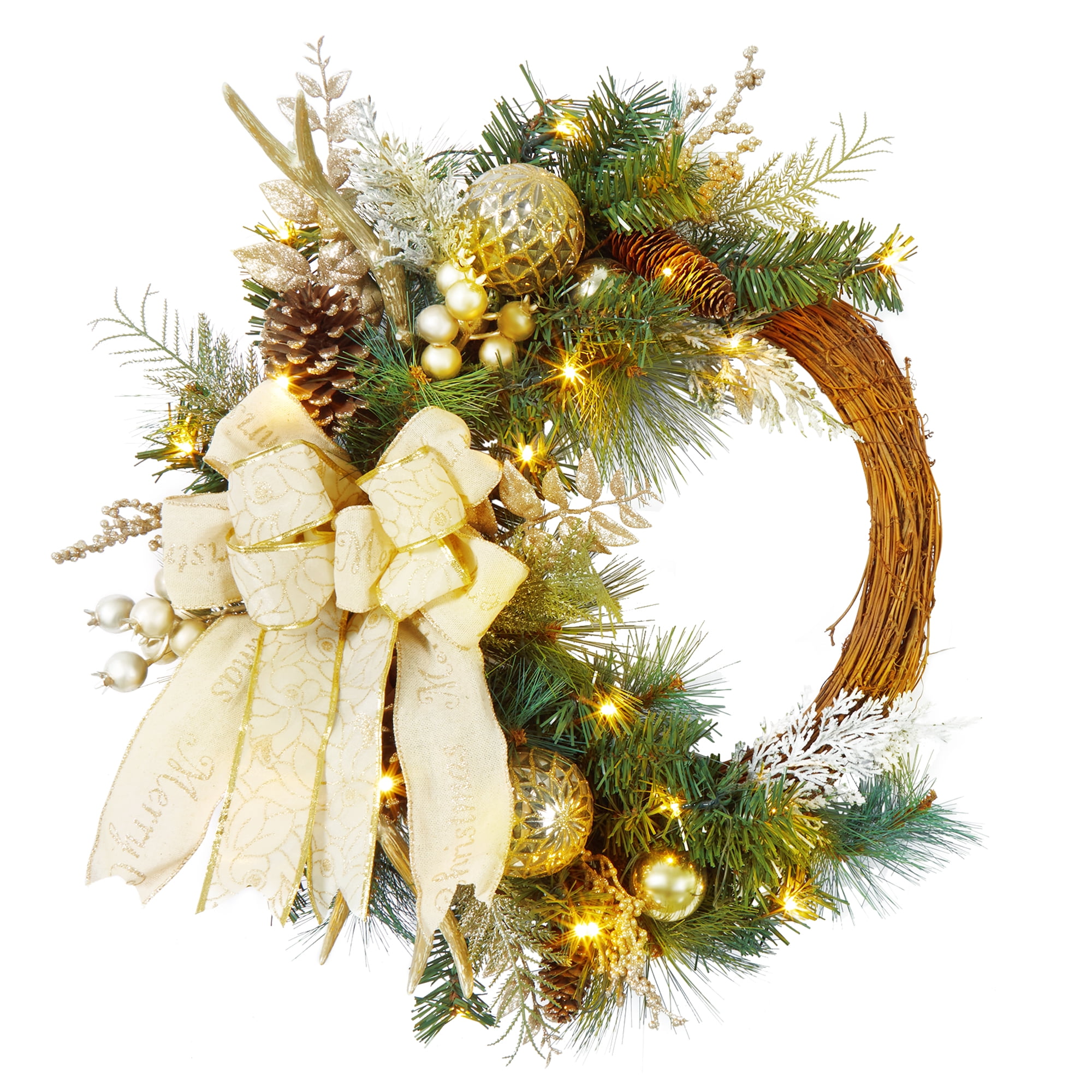 Kojooin 24 inch Pre-lit Christmas Wreath with 20 LED Lights for Home ...