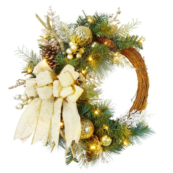 Amkui 24" Christmas Wreath for Front Door, Prelit Christmas Wreath with Lights, Red Gold Ball Ornaments, Pine Cones &Bow for Fireplace Home Holiday Decor