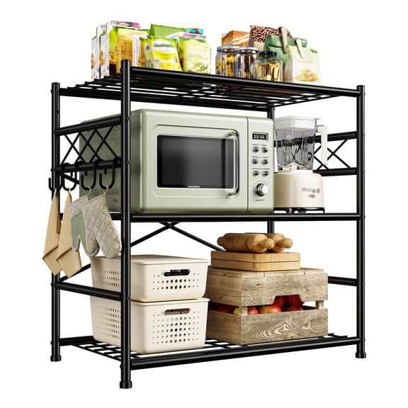 3-Tier Metal Storage Shelving Unit with Hooks, 23.6" W x 13.8" D x 30.9" H