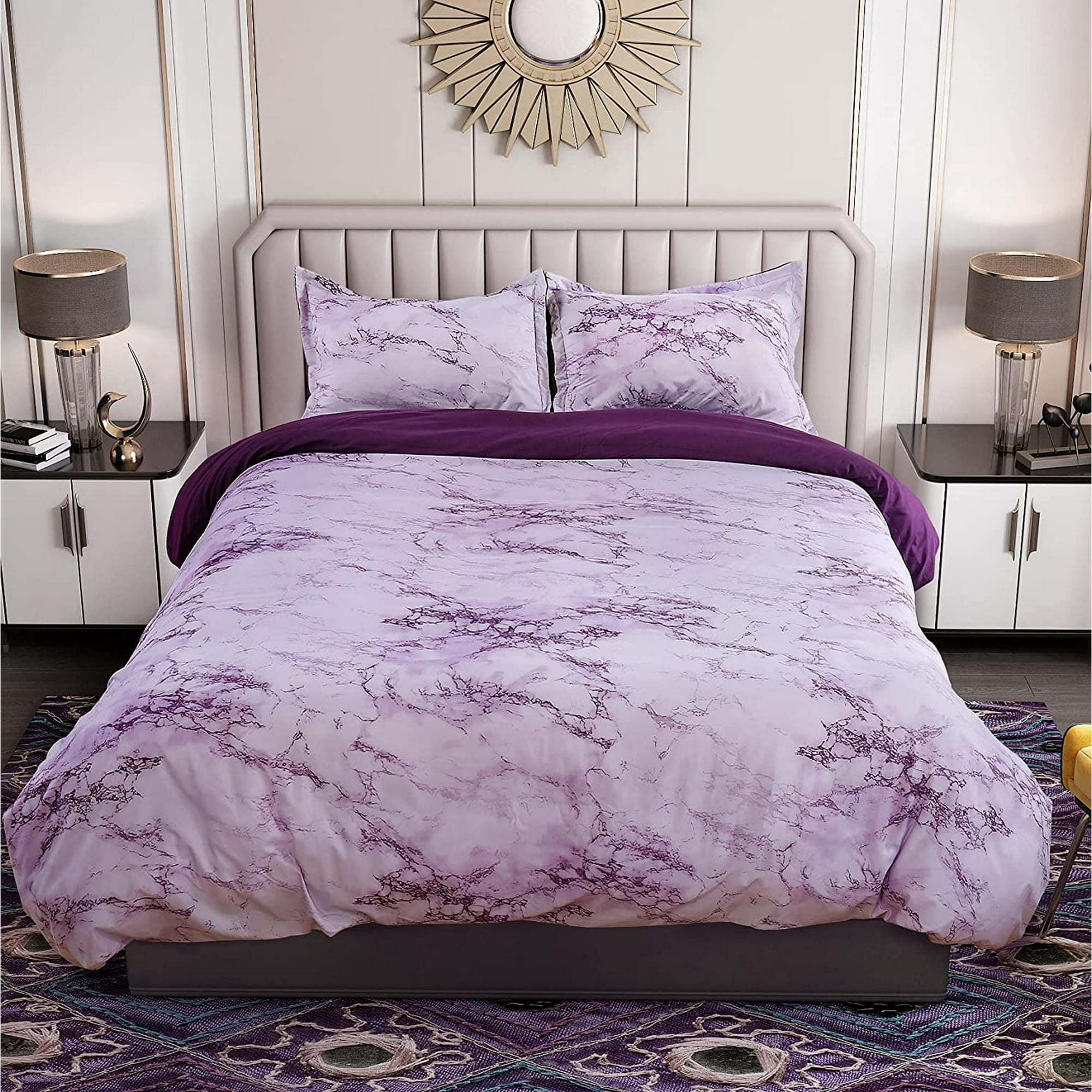 Hhhc Purple Duvet Cover Set 3 Pieces Marble Printed Duvet Cover Full Size Bedding Set With Zipper Closure Corner Ties Soft Duvets Cover For Girls