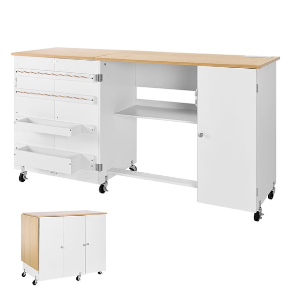 Portable Sewing Table with Storage, Craft Desk with Charging Station, Wheels and Shelves for Home Sewing and Crafts