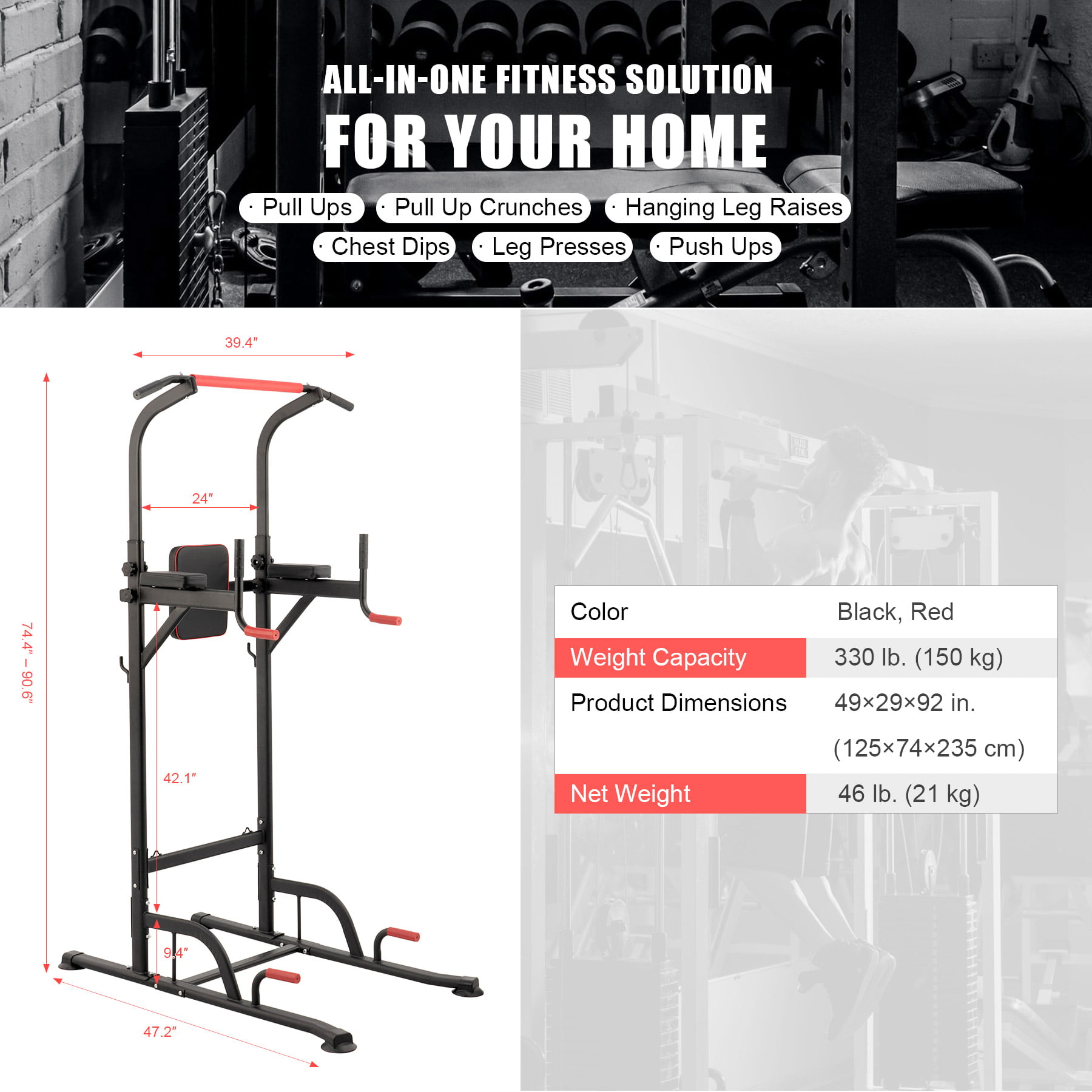 LCCG Height Adjustable Multi-Function Power Tower with Backrest Workout Dip Station Pull Up Bar Stand Fitness Strength Training Exercise Equipment for Home Gym 330LBS 